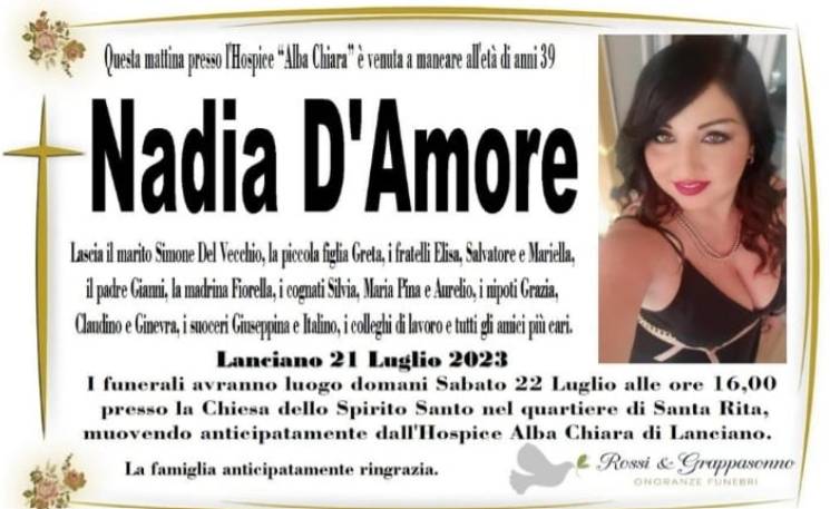 LANCIANO: MUORE A 39 ANNI PER UNA MALATTIA, ADDIO A NADIA D’AMORE