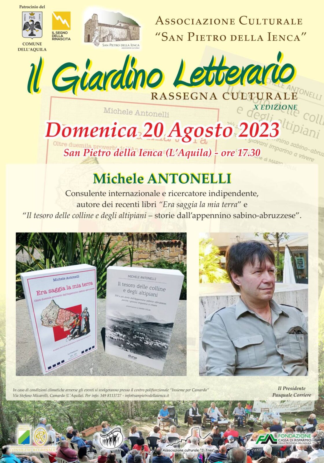 L’AQUILA: LO SCRITTORE ANTONELLI OSPITE IL 20 AGOSTO DEL GIARDINO LETTERARIO ALLA IENCA