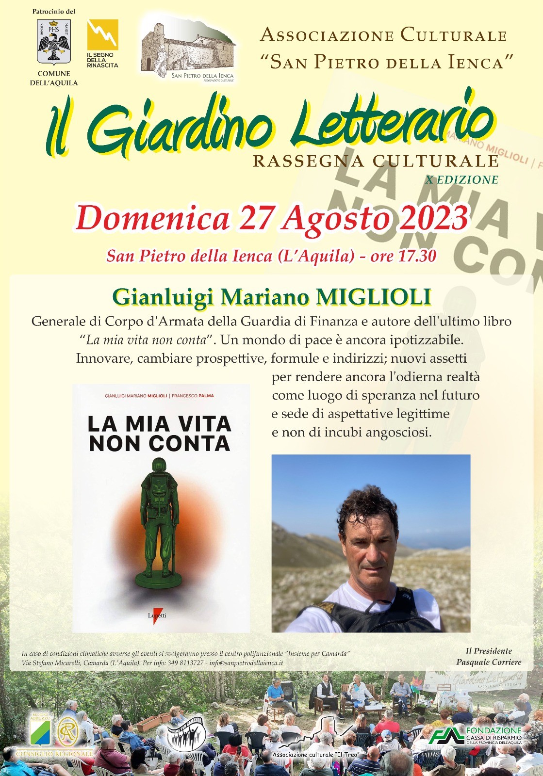 GIARDINO LETTERARIO L’AQUILA: IL GENERALE MIGLIOLI PRESENTERA’ IL SUO LIBRO DOMENICA 27