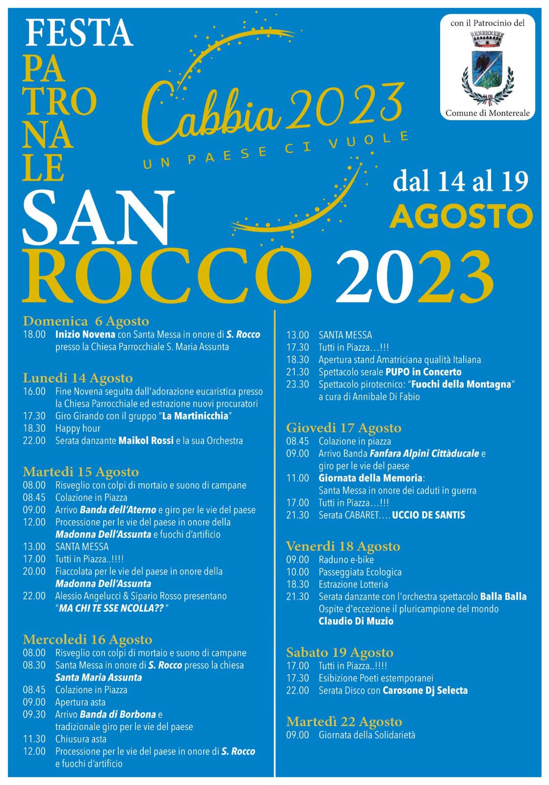 CABBIA DI MONTEREALE IN FESTA PER SAN ROCCO: IL PROGRAMMA DEGLI EVENTI