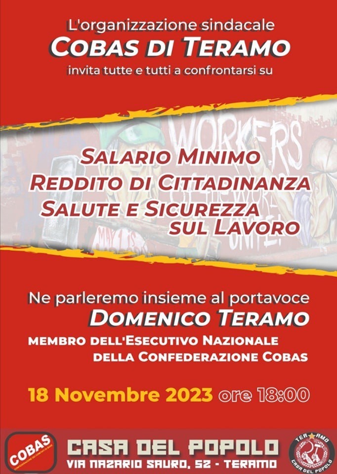 SFRUTTAMENTO SUL LAVORO: SE NE  PARLA DOMANI A TERAMO NELLA SEDE DELLA CASA DEL POPOLO