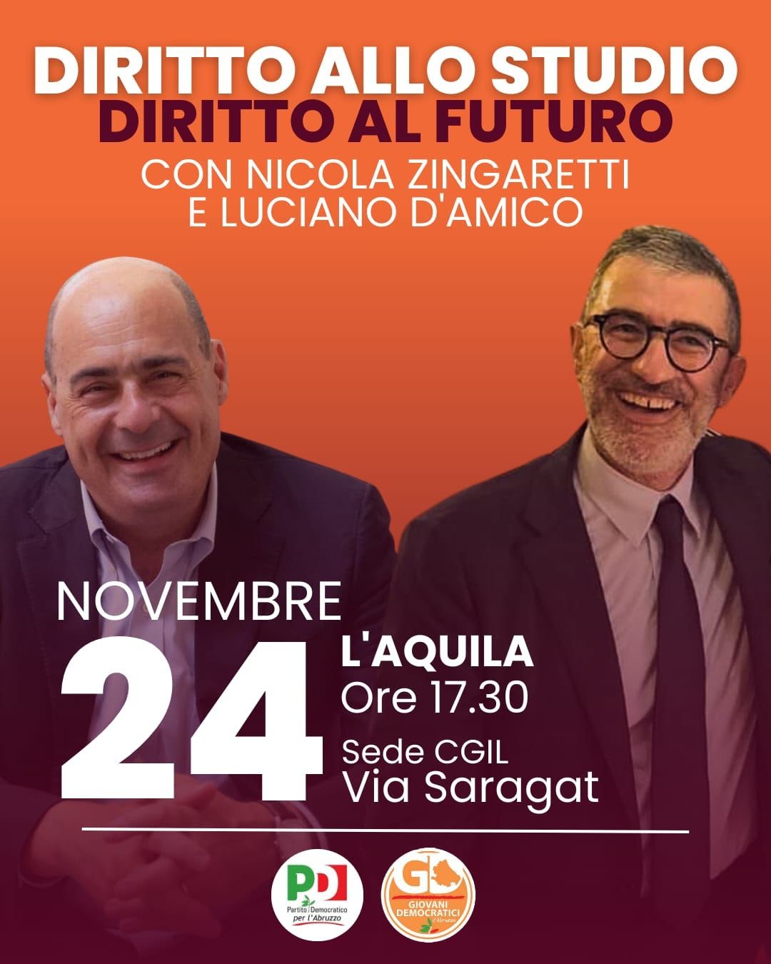 IL 24 NOVEMBRE ZINGARETTI (PD) ALL’AQUILA CON LUCIANO D’AMICO IN UN CONVEGNO SUL DIRITTO ALLO STUDIO