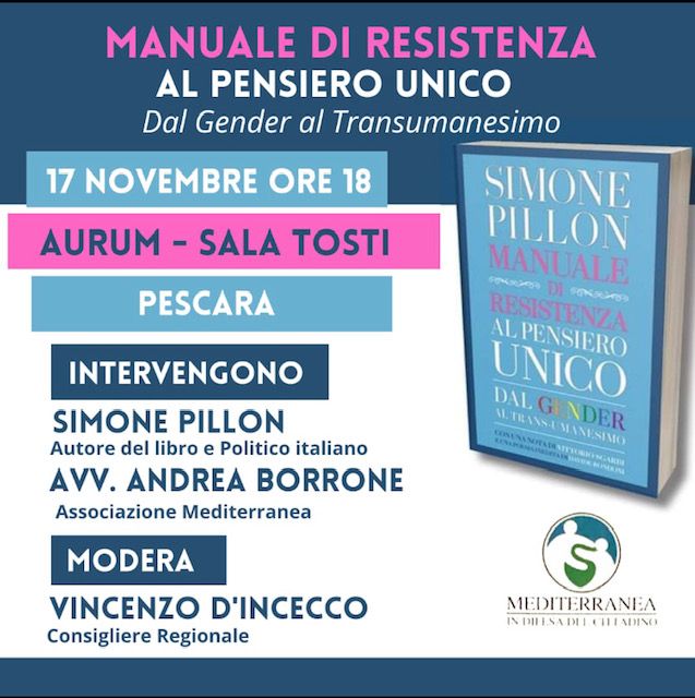 “MANUALE DI RESISTENZA AL PENSIERO UNICO”: PILLON PRESENTA LIBRO A PESCARA