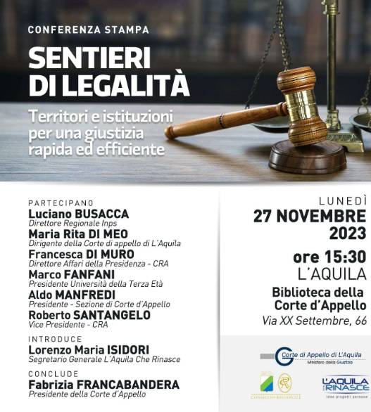 L’AQUILA, SENTIERI DI LEGALITA’: SEMINARIO ALLA BIBLIOTECA DELLA CORTE D’APPELLO