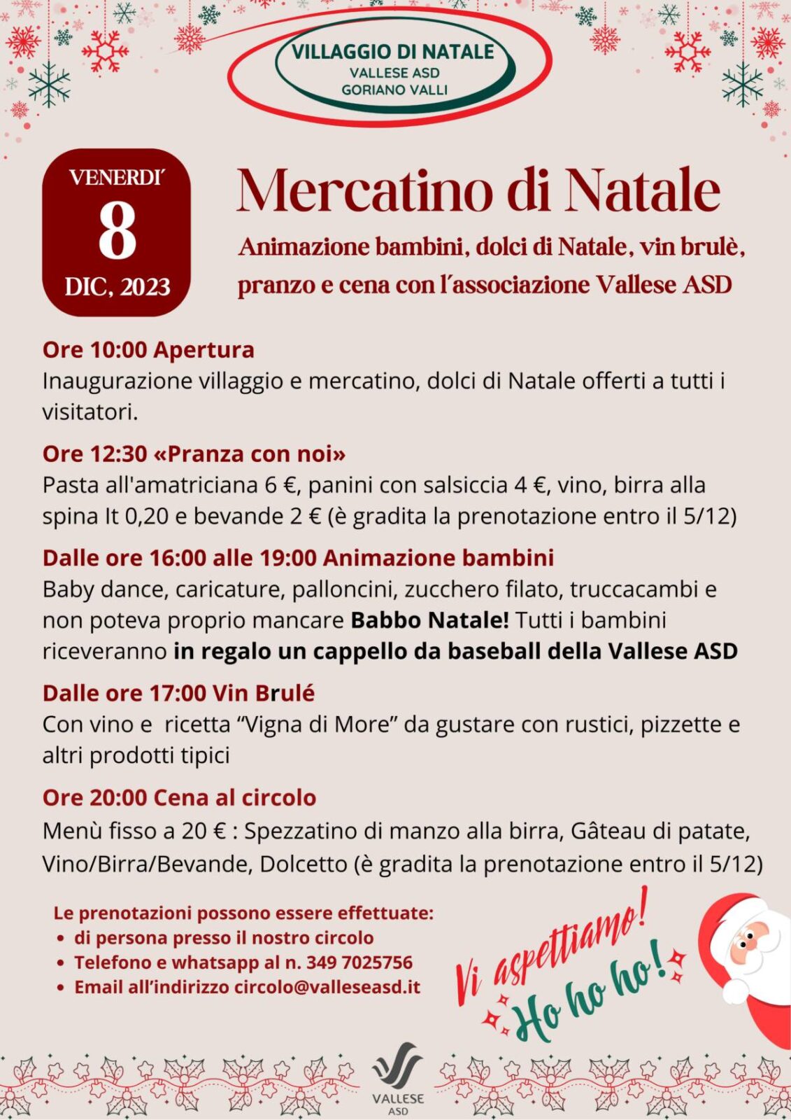 GORIANO VALLI: VENERDI’ AL VIA IL VILLAGGIO DI NATALE AL CIRCOLO VALLESE ASD