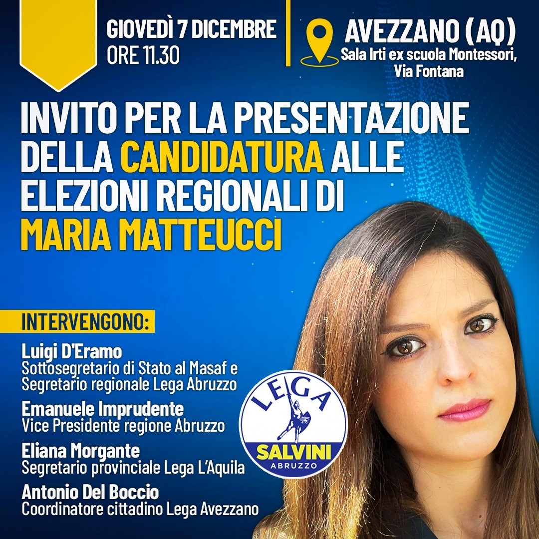REGIONALI: GIOVEDI’ AD AVEZZANO PRESENTAZIONE CANDIDATURA MARIA MATTEUCCI