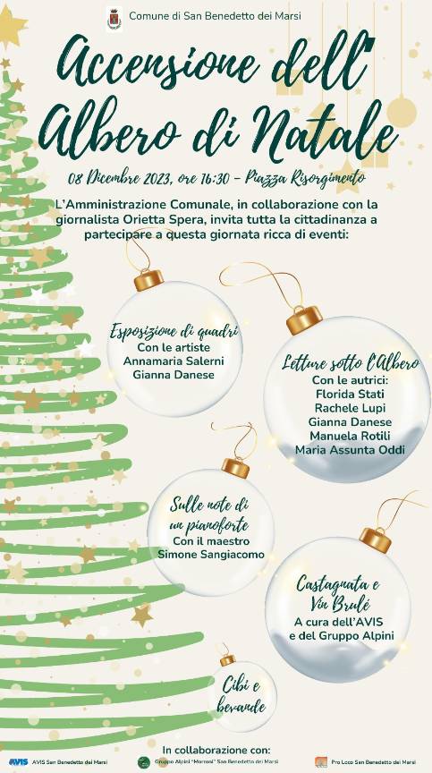 SAN BENEDETTO DEI MARSI: L’ALBERO DI NATALE SI ACCENDE TRA LETTURE, QUADRI, PIANOFORTE E CASTAGNATA