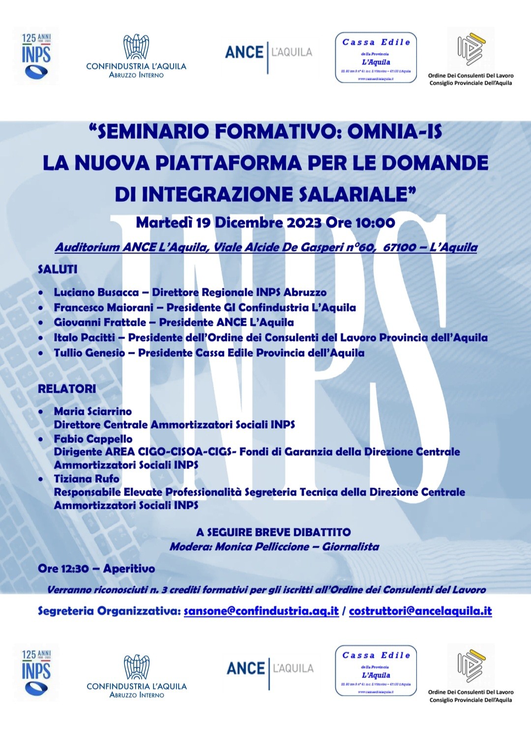 NUOVA PIATTAFORMA PER LE DOMANDE DI INTEGRAZIONE SALARIALE: SEMINARIO CONFINDUSTRIA L’AQUILA-INPS