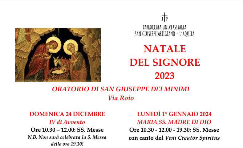 L’AQUILA, PROGRAMMAZIONE CELEBRAZIONI NATALIZIE PARROCCHIA UNIVERSITARIA SAN GIUSEPPE ARTIGIANO