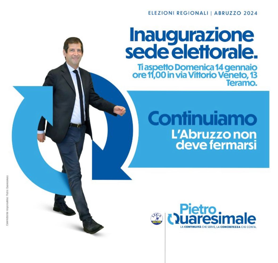 DOMENICA INAUGURAZIONE A TERAMO DELLA SEDE  ELETTORALE DELL’ASSESSORE REGIONALE QUARESIMALE