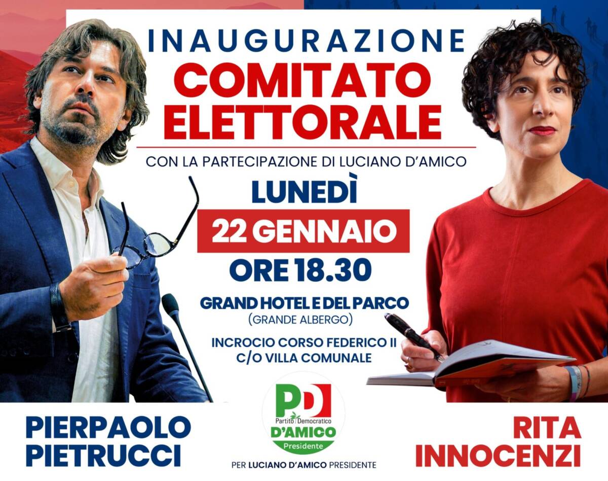REGIONALI: PD, LUNEDI’ A L’AQUILA INAUGURAZIONE COMITATO ELETTORALE PIETRUCCI E INNOCENZI