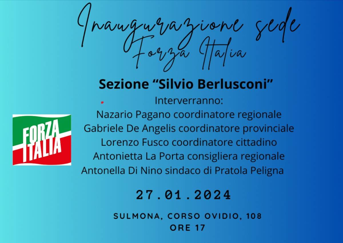 SULMONA: FORZA ITALIA, SABATO INAUGURAZIONE SEZIONE “SILVIO BERLUSCONI”