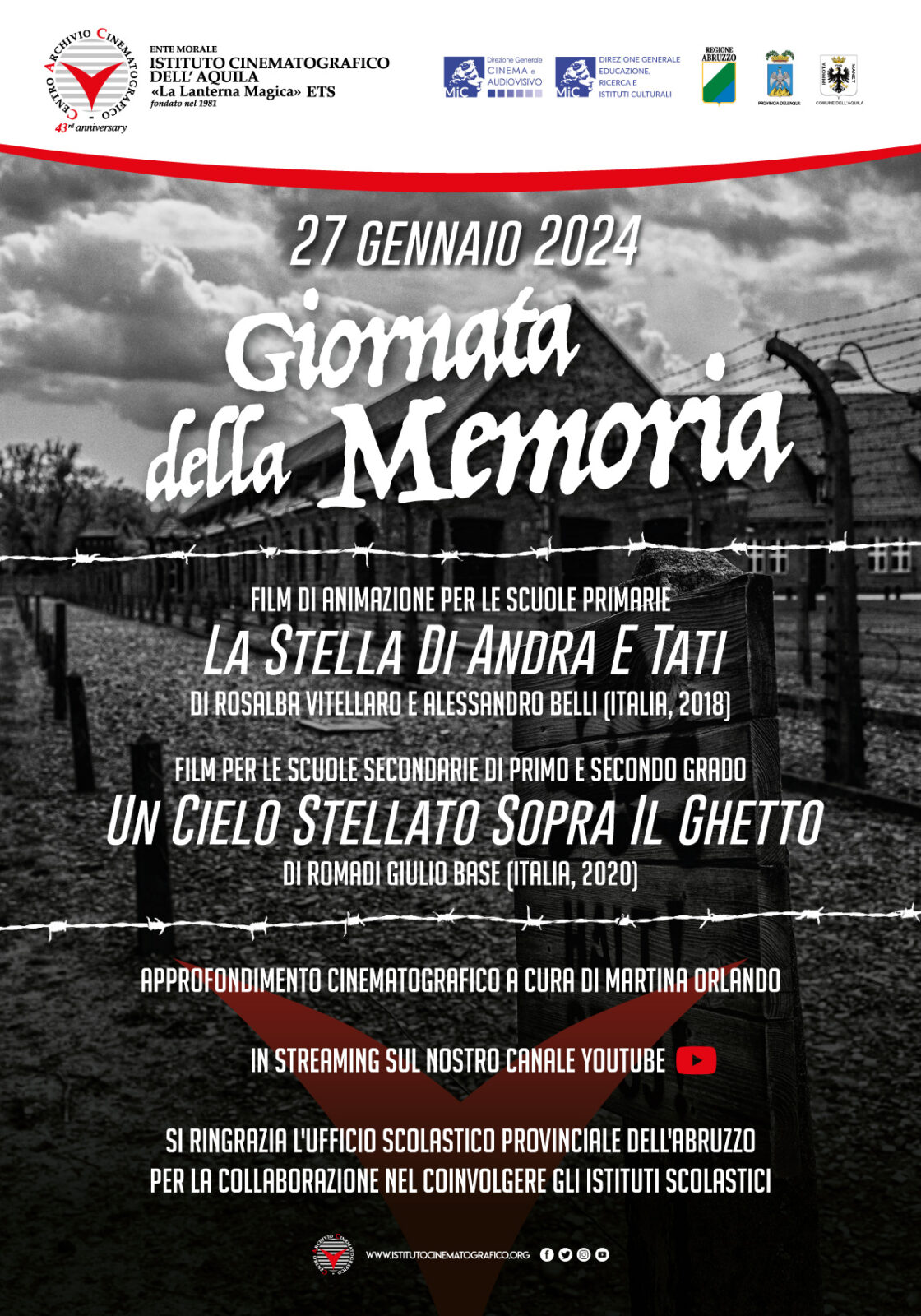 GIORNATA DELLA MEMORIA ALL’AQUILA: DUE FILM PER LE SCUOLE PROIETTATI DA LANTERNA MAGICA
