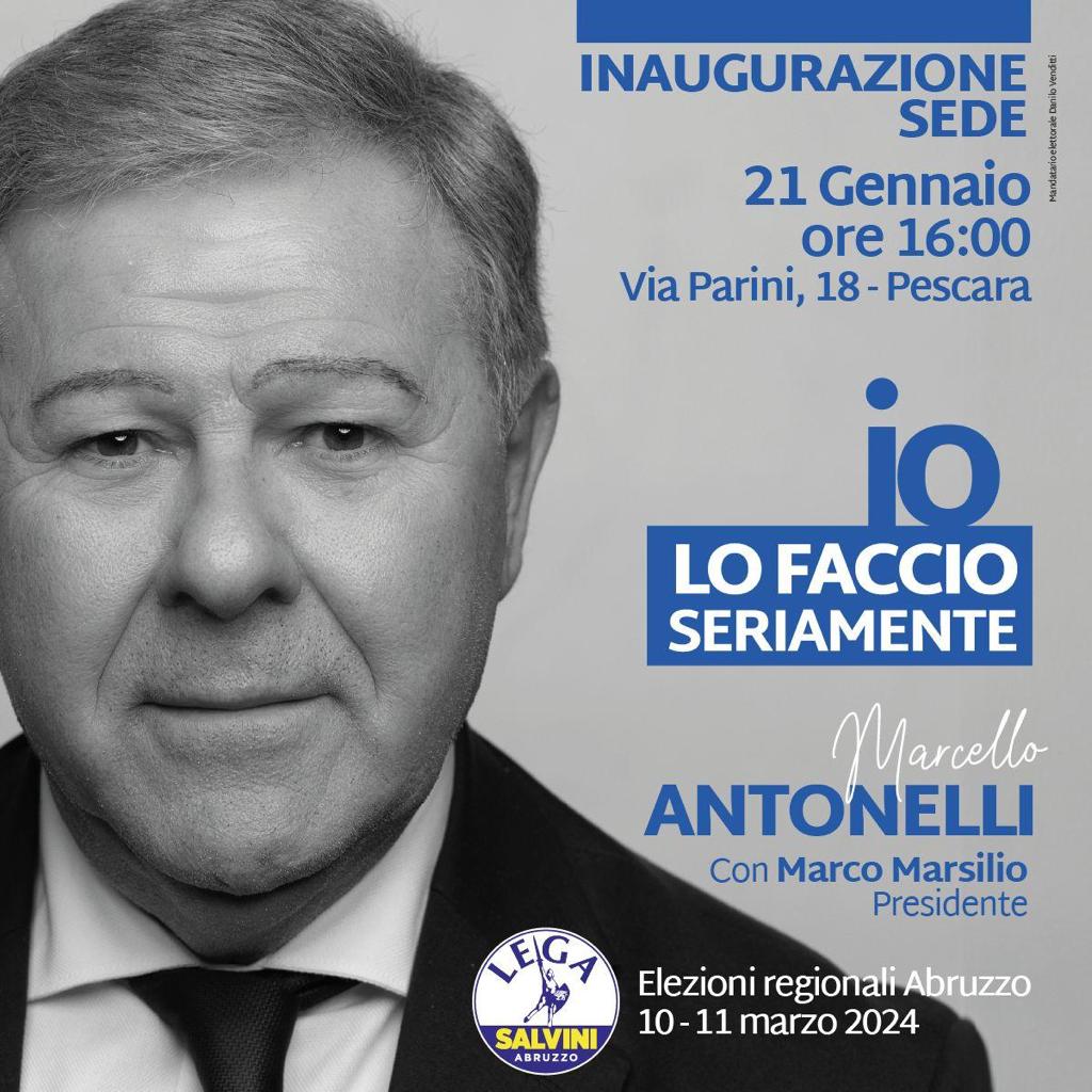 REGIONALI, LEGA: DOMANI INAUGURAZIONE SEDE ELETTORALE MARCELLO ANTONELLI A PESCARA