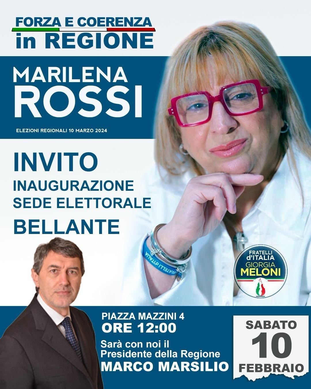 REGIONALI: SABATO A BELLANTE INAUGURAZIONE DEL COMITATO ELETTORALE DI MARILENA ROSSI CON MARSILIO