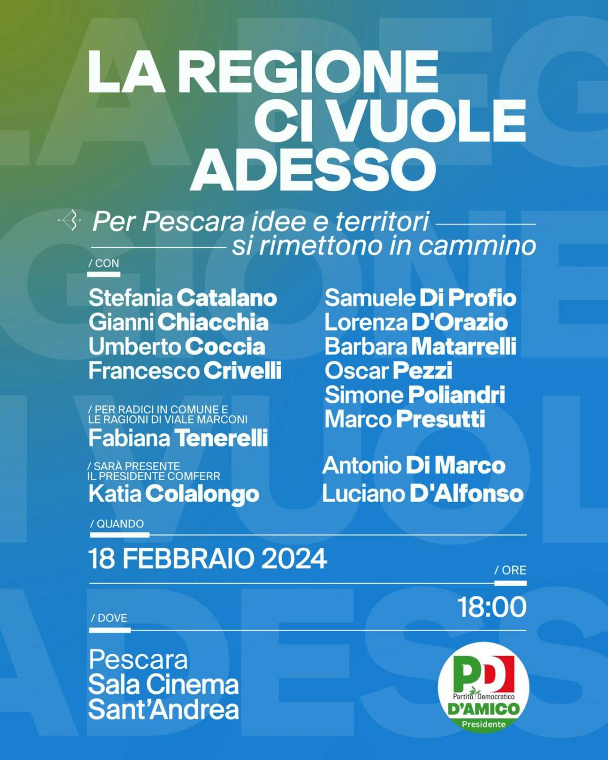 REGIONALI: DOMANI A PESCARA INCONTRO CON DI MARCO NEL CINETEATRO SANT’ANDREA