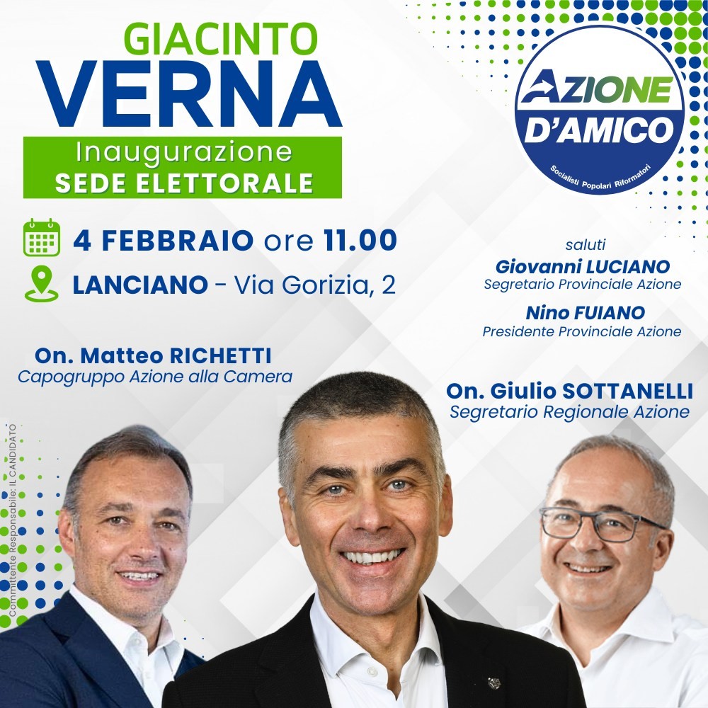 ELEZIONI REGIONALI: DOMENICA SI INAUGURA A LANCIANO IL COMITATO DI GIACINTO VERNA