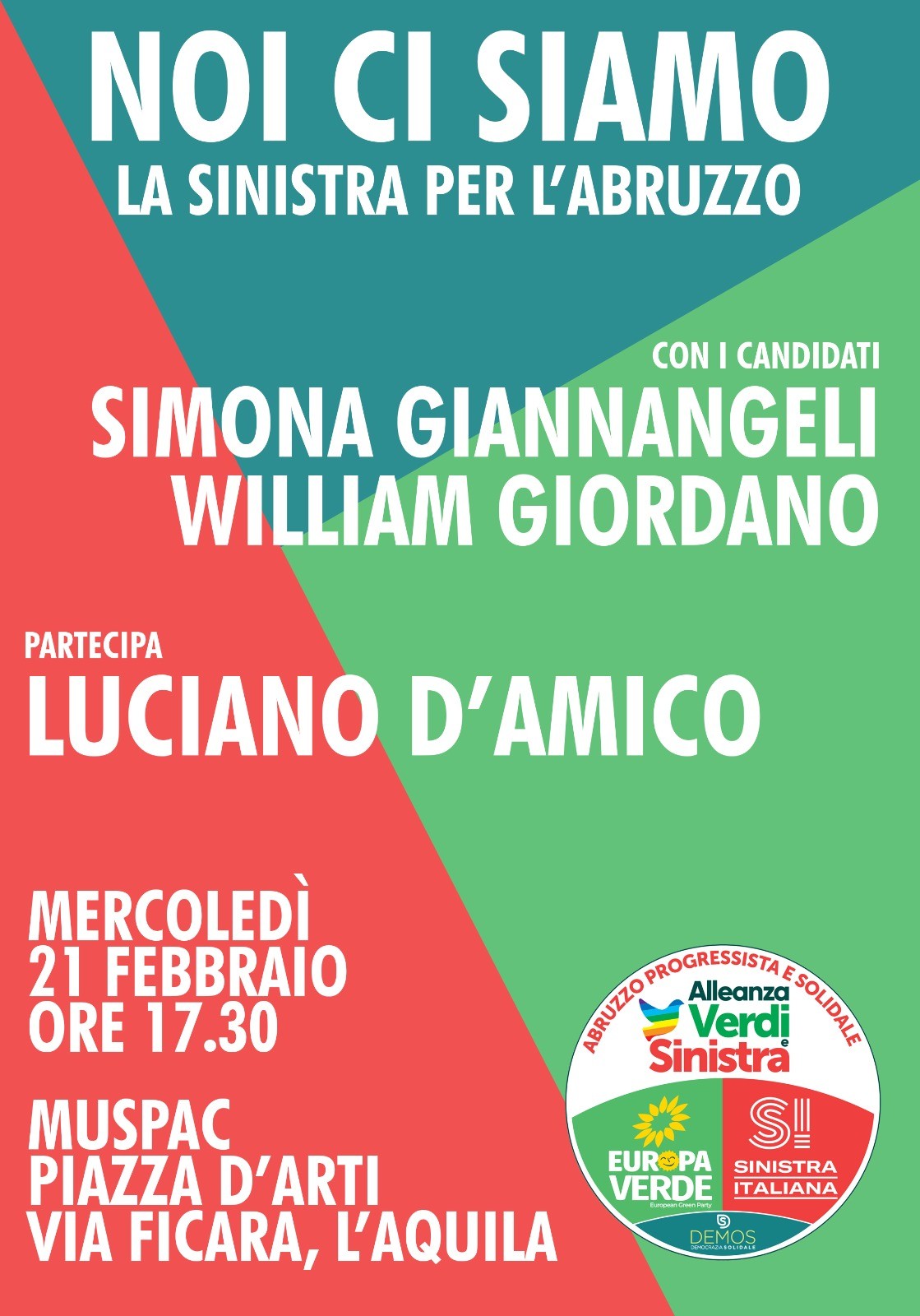 REGIONALI: D’AMICO ALL’AQUILA PER SOSTENERE GIANNANGELI E GIORDANO (ALLEANZA VERDI E SINISTRA)