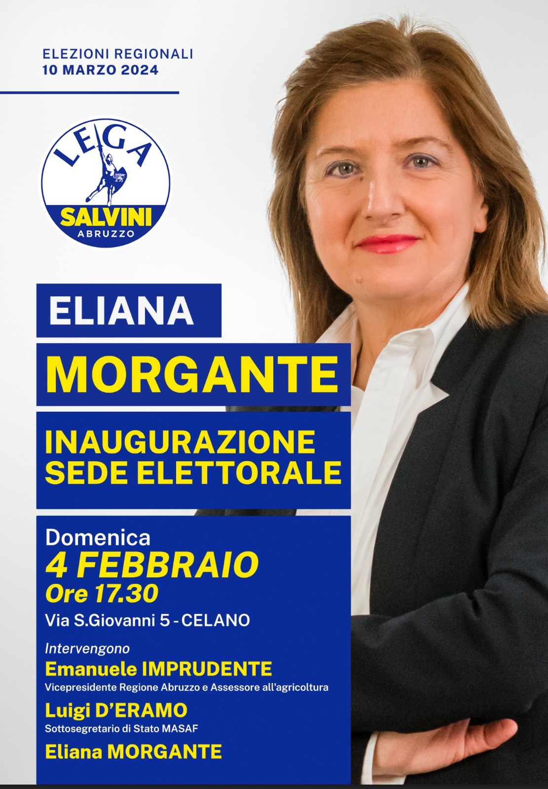 REGIONALI: ELIANA MORGANTE INAUGURA IL COMITATO ELETTORALE DOMENICA 4 FEBBRAIO A CELANO