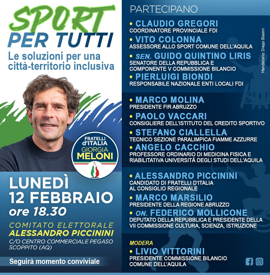 REGIONALI: “SPORT PER TUTTI”,  PICCININI, “A SCOPPITO ESPERTI E POLITICI A CONFRONTO”