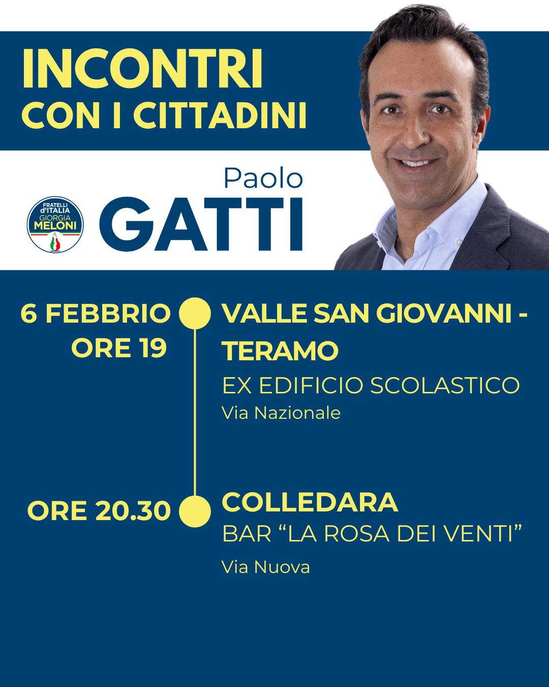 REGIONALI: PAOLO GATTI IL 6 FEBBRAIO TERRA’ INCONTRI PUBBLICI A COLLEDARA E VALLE SAN GIOVANNI