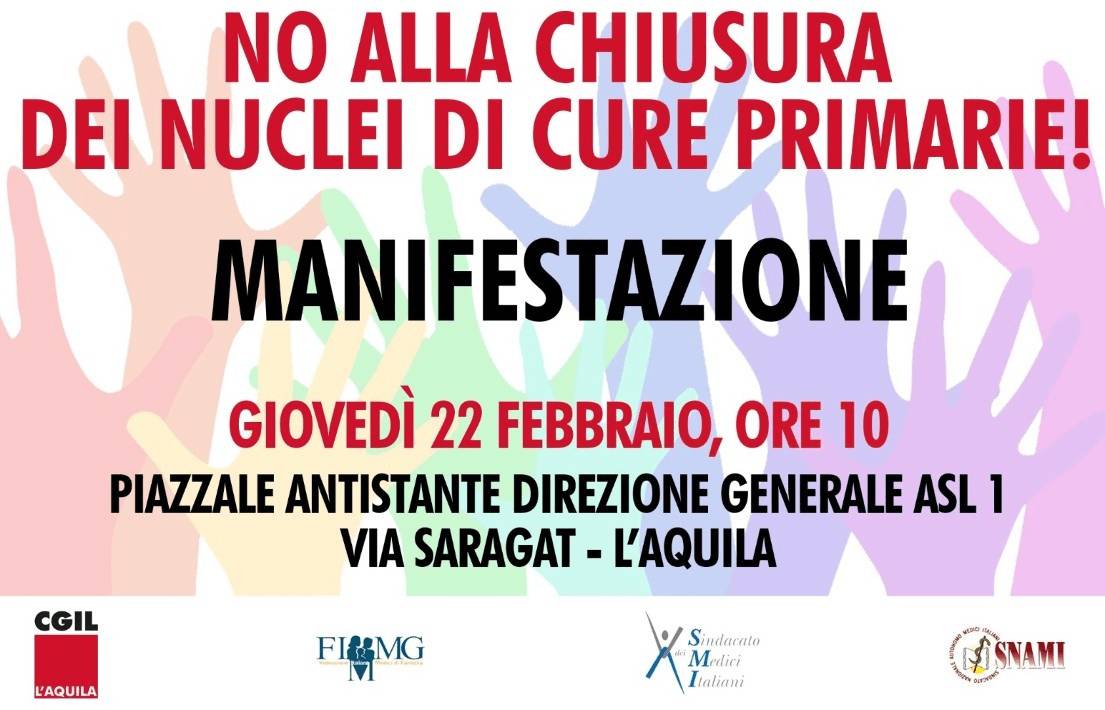 “NO ALLA CHIUSURA DEI NUCLEI DI CURE PRIMARIE”: PROTESTA ALL’AQUILA IL 22 FEBBRAIO