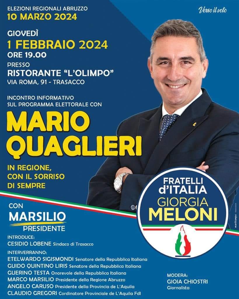 REGIONALI: QUAGLIERI PRESENTA PROGRAMMA ELETTORALE A TRASACCO