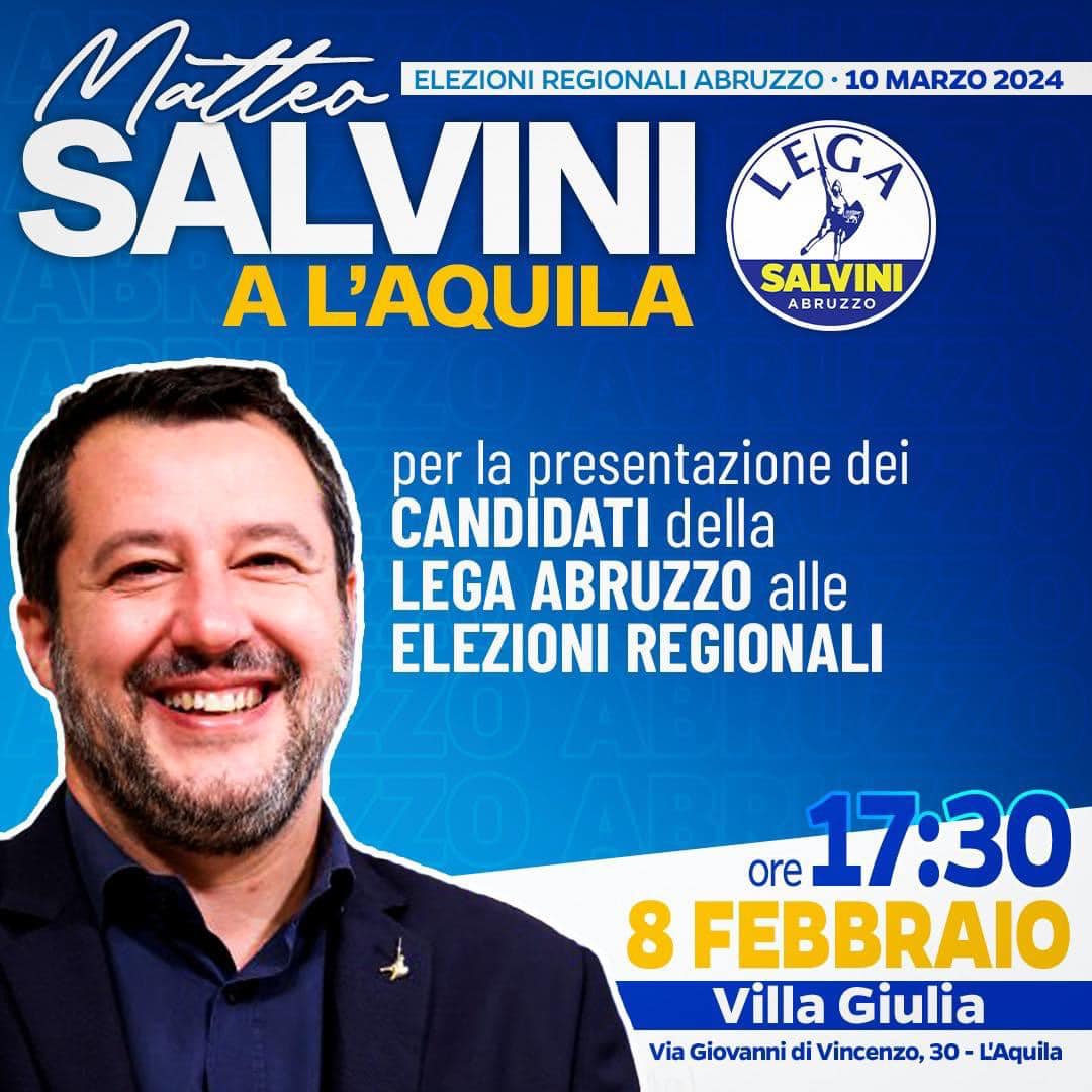 REGIONALI: DOMANI MATTEO SALVINI A L’AQUILA PER PRESENTAZIONE CANDIDATI DELLA LEGA