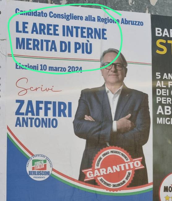 REGIONALI: “LE AREE INTERNE MERITA DI PIU'”: STRAFALCIONE IN MANIFESTO ELETTORALE DI ZAFFIRI