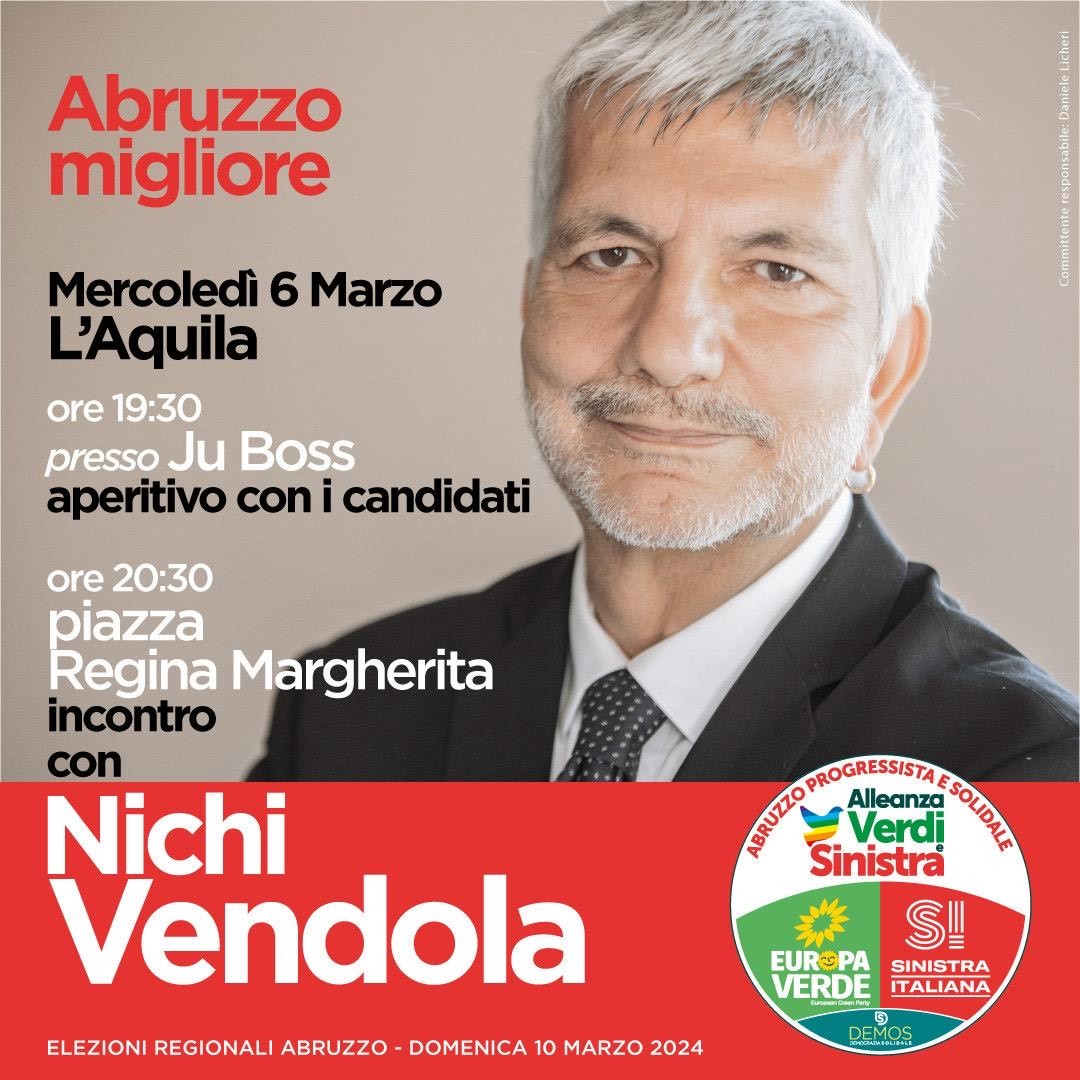 REGIONALI: VENDOLA IN ABRUZZO, LICHERI, “RAPPRESENTA LA MIGLIOR STORIA DELLA SINISTRA”
