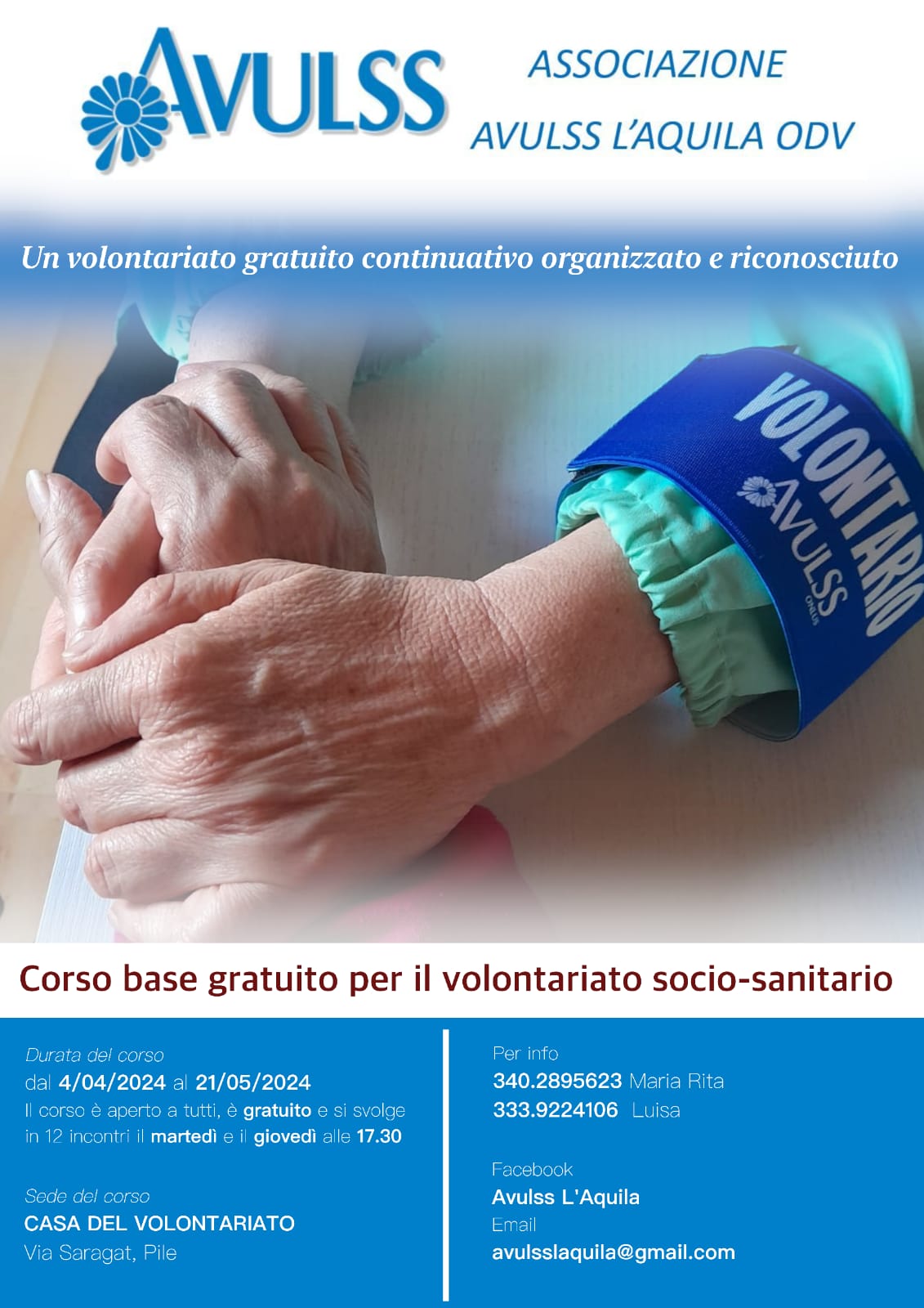 L’AQUILA: IL 4 APRILE AL VIA CORSO GRATUITO BASE DELL’AVULSS PER IL VOLONTARIATO SOCIO-SANITARIO