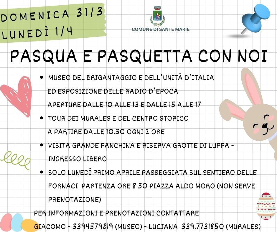 PASQUA E PASQUETTA A SANTE MARIE: ECCO IL PROGRAMMA DELLE FESTIVITA’