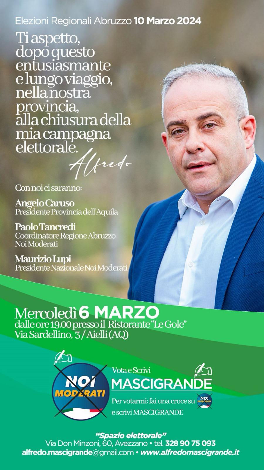 REGIONALI: NOI MODERATI, IL 6 MARZO CHIUSURA CAMPAGNA ELETTORALE MASCIGRANDE