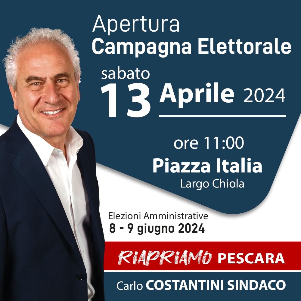VOTO PESCARA: DOMANI APERTURA CAMPAGNA ELETTORALE CANDIDATO A SINDACO CARLO COSTANTINI