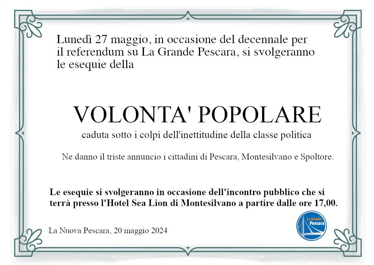 DIECI ANNI DAL REFERENDUM SULLA GRANDE PESCARA: <br>DI CARLO CELEBRA FUNERALE “VOLONTA’ POPOLARE”
