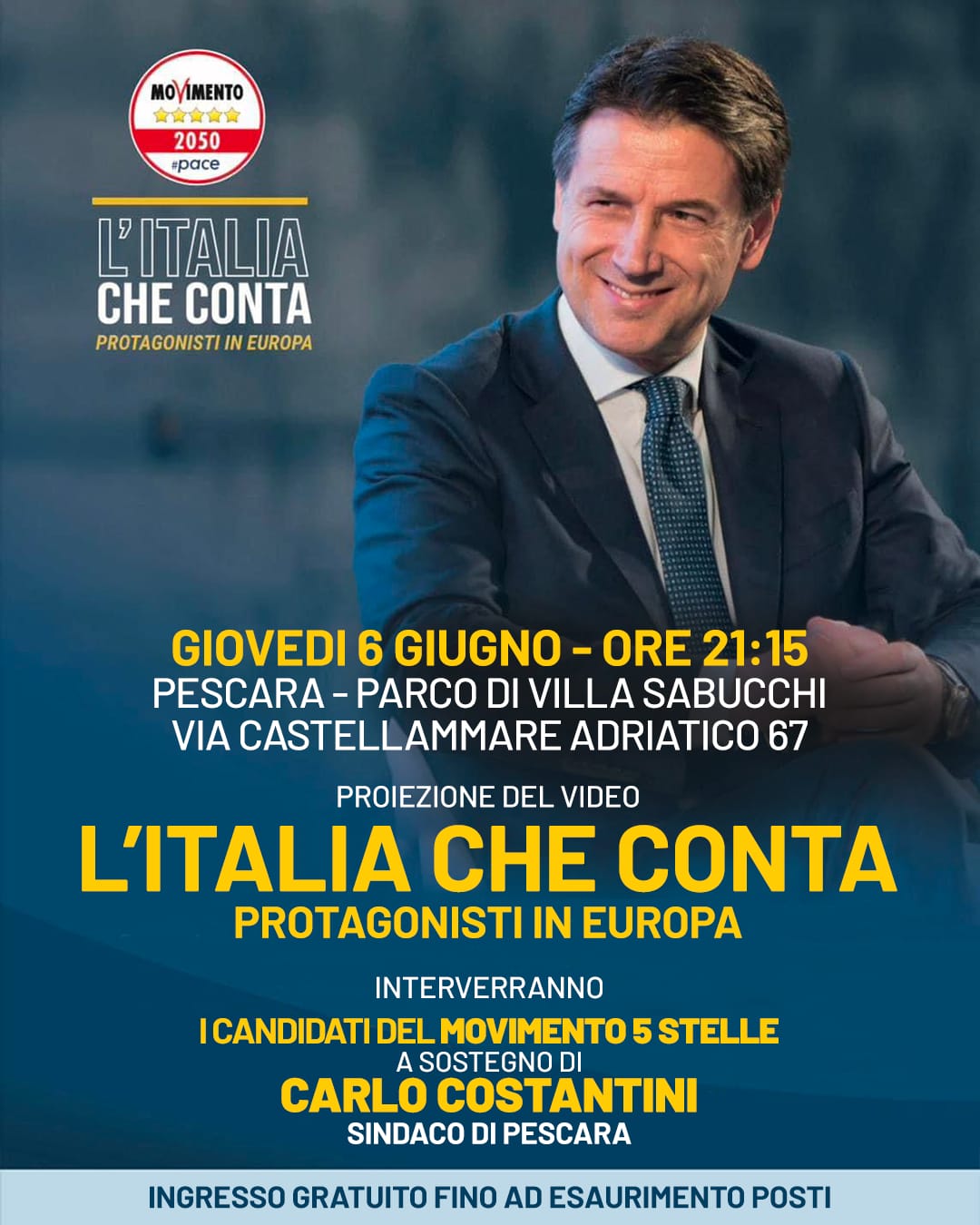 A PESCARA “L’ITALIA CHE CONTA”: DOCUFILM DEL PRESIDENTE M5S CONTE SUL FUTURO DELL’EUROPA