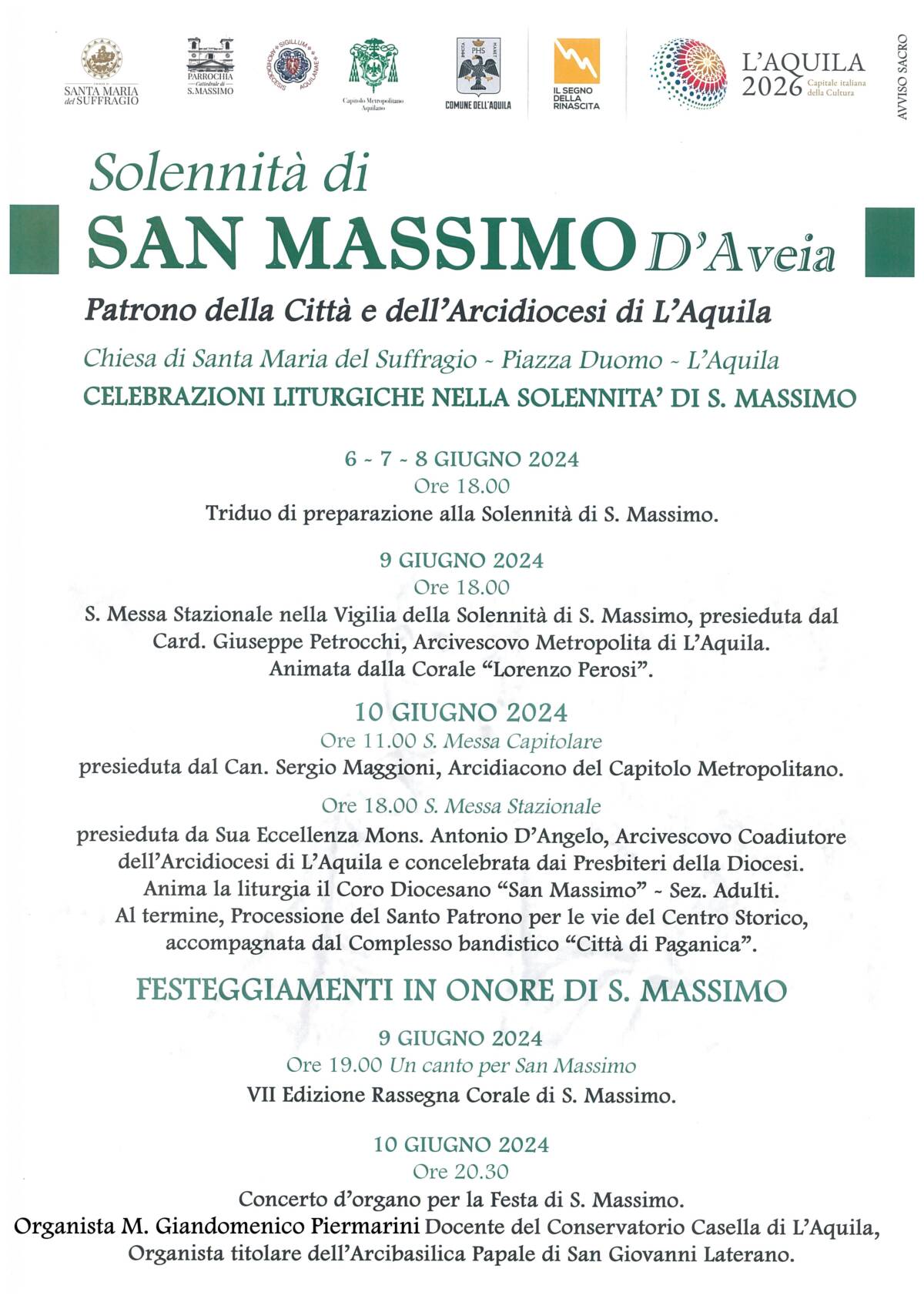L’AQUILA: SOLENNITA’ DI SAN MASSIMO, LE CELEBRAZIONI