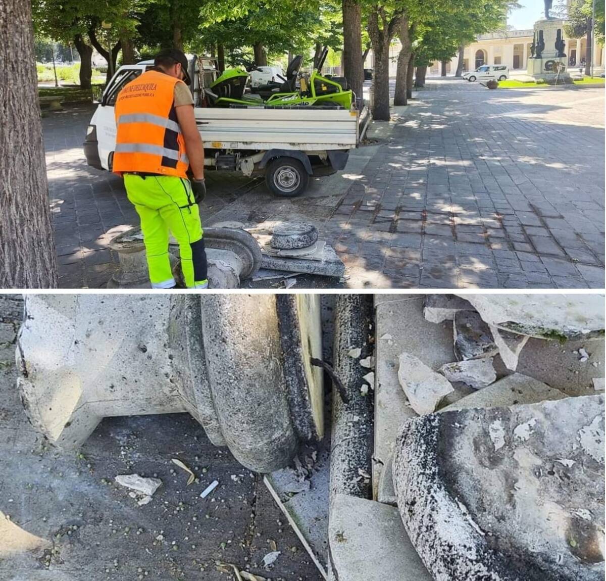 DANNEGGIATA UNA PANCHINA ALLA VILLA COMUNALE AQUILANA: ATTO VANDALICO O INCIDENTE?