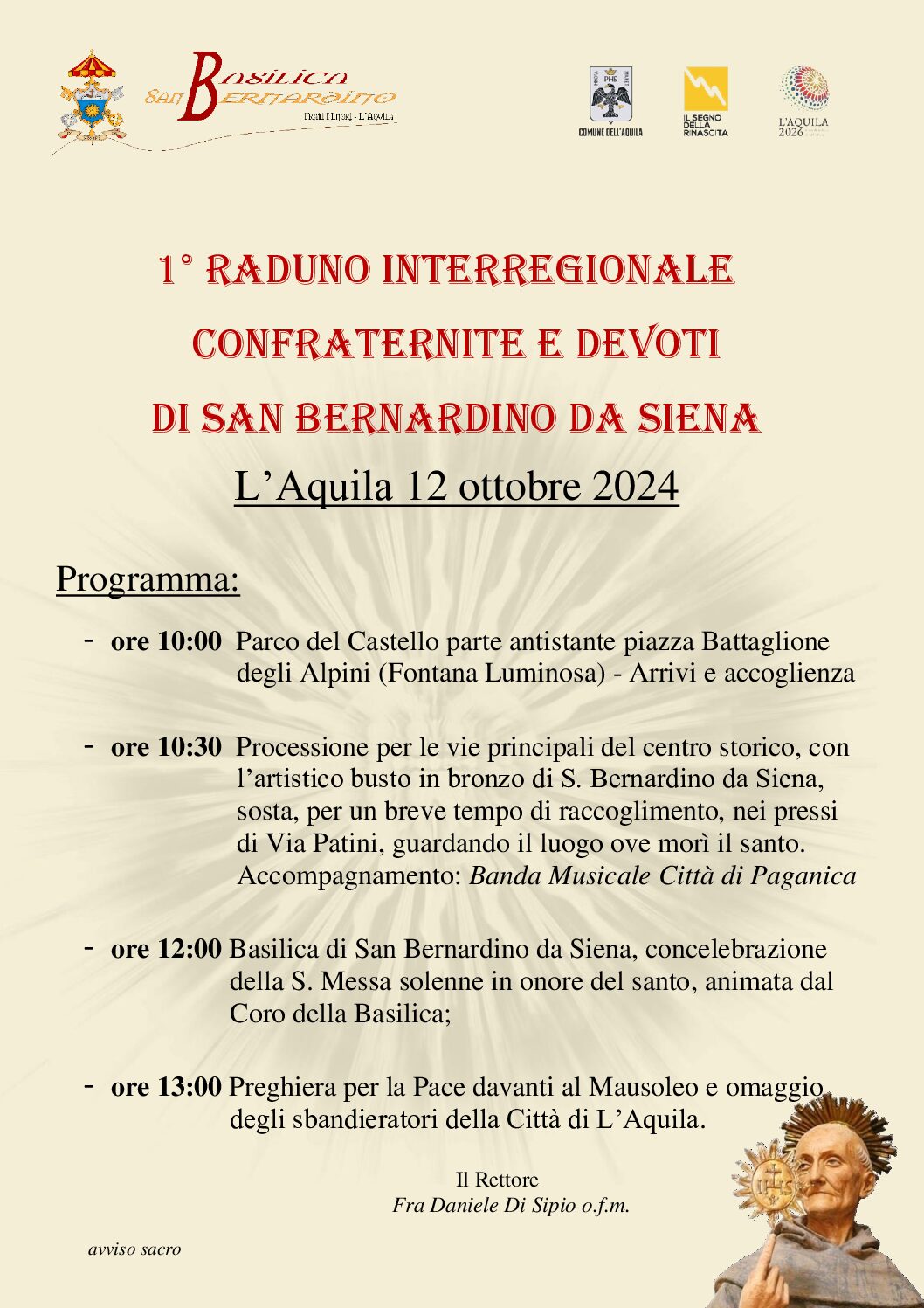 L’AQUILA: IL 12 OTTOBRE RADUNO DELLE CONFRATERNITE INTITOLATE A SAN BERNARDINO E PROCESSIONE