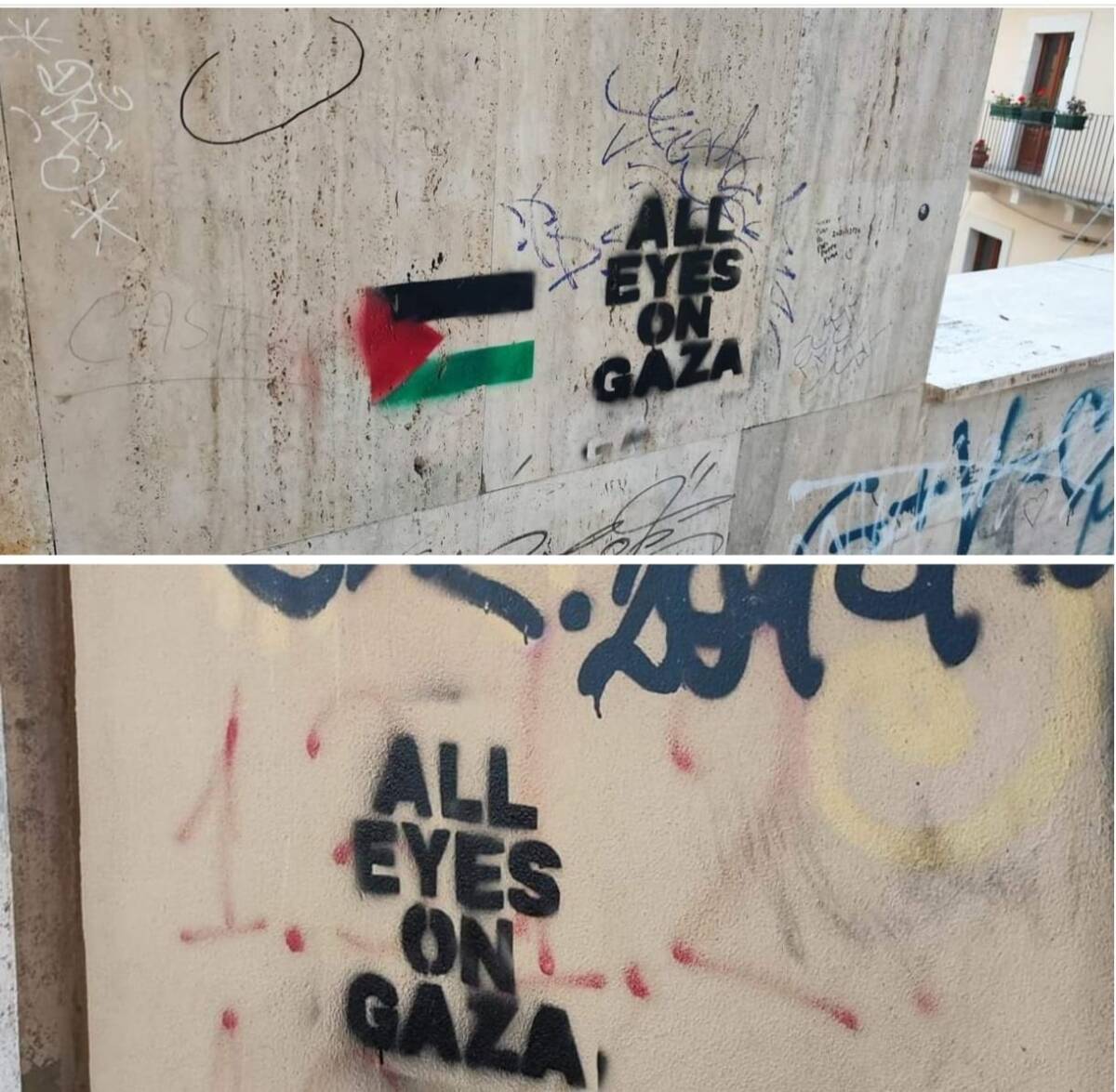 L’AQUILA: SCALINATA PORTICI DI SAN BERNARDINO IMBRATTATA CON SCRITTE PRO PALESTINA