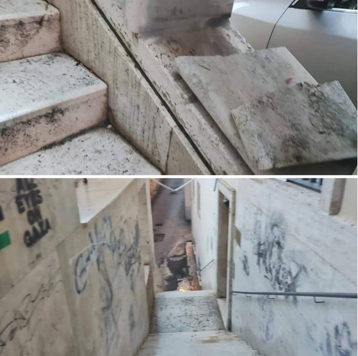 PORTICI DI SAN BERNARDINO L’AQUILA: DANNEGGIATI DAI VANDALI I PILASTRI DELLA SCALINATA