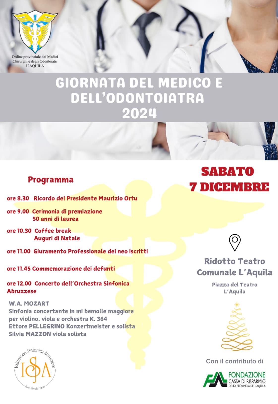 L’AQUILA: GIORNATA DEL MEDICO E DELL’ODONTOIATRA 2024, DOMANI LA CERIMONIA