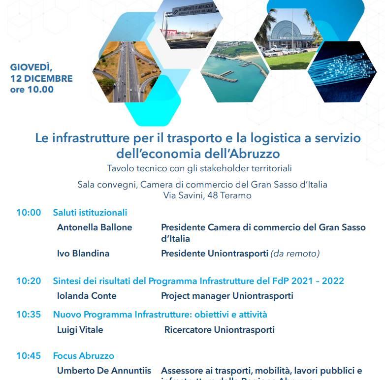 CCIAA GRAN SASSO: INFRASTRUTTURE, IL 12 DICEMBRE SOTTOSEGRETARIO TULLIO FERRANTE A TERAMO