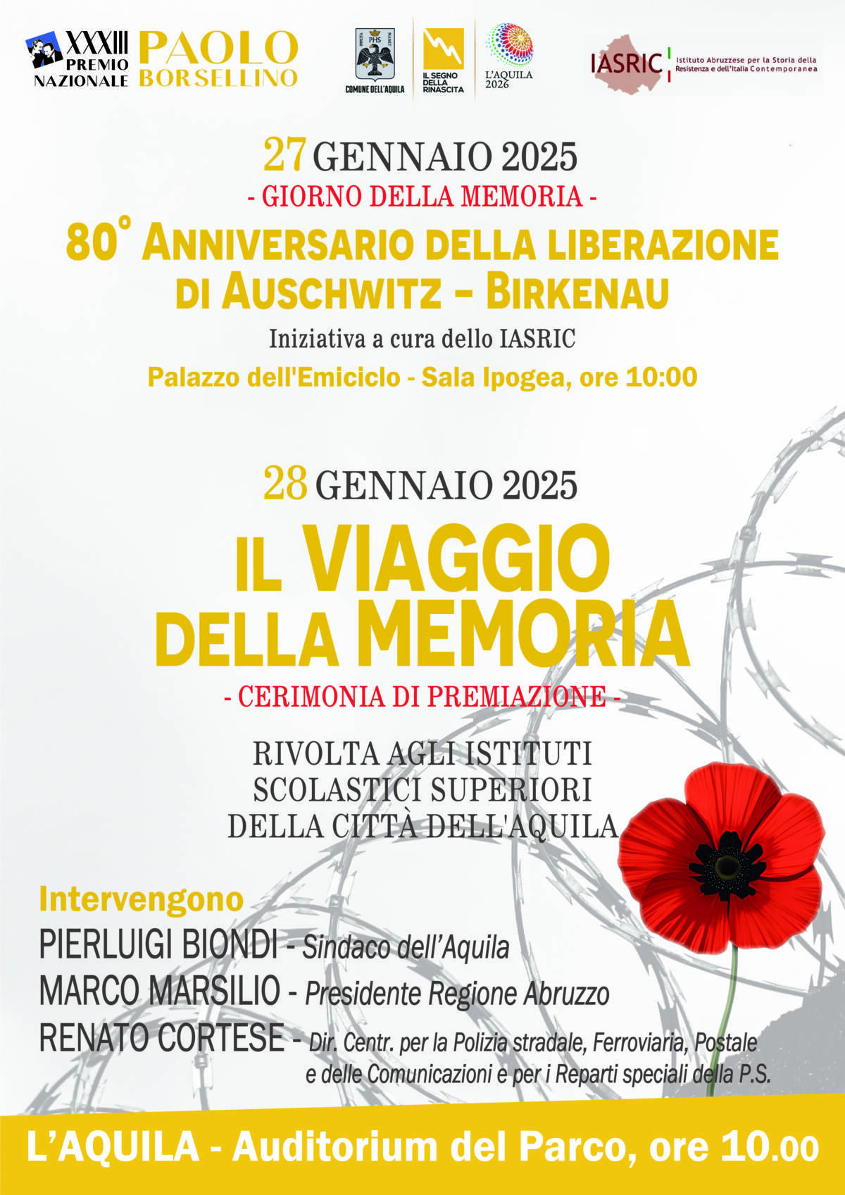 CONCORSO “IL VIAGGIO DELLA MEMORIA”: PREMIAZIONE IL 28 GENNAIO ALL’AQUILA CON BIONDI E MARSILIO