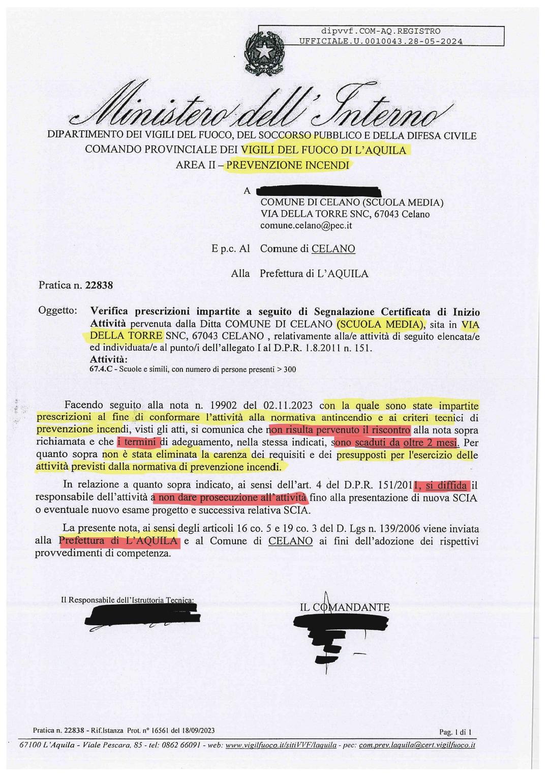 SCUOLA TOMMASO DA CELANO: NATALINI (PD), “ANCORA FUORI NORMA, COMUNE DIFFIDATO E NOTA AL PREFETTO”