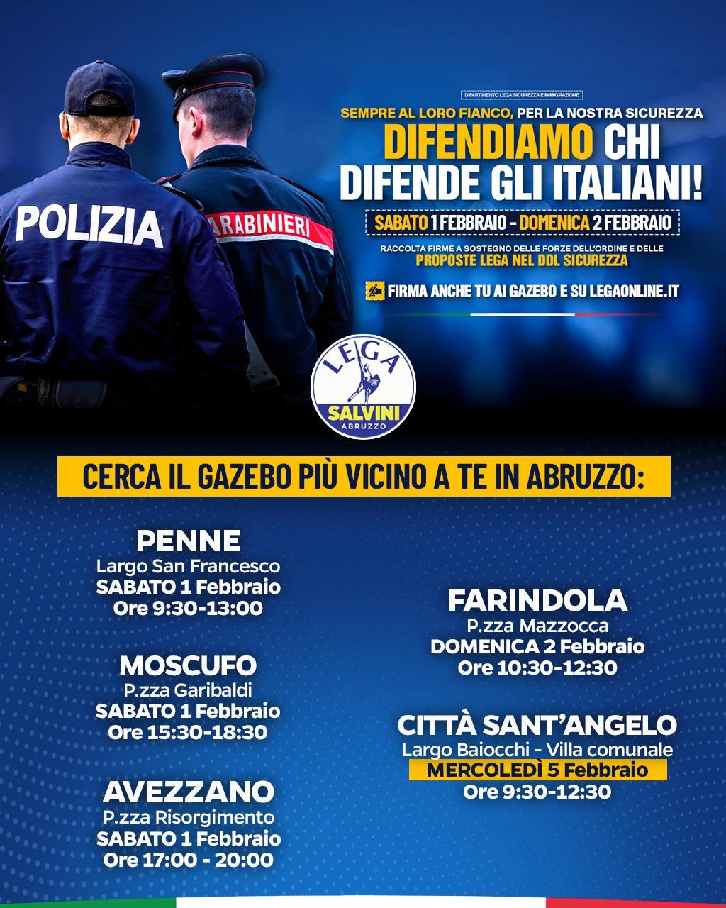 LA LEGA DI NUOVO IN PIAZZA IN ABRUZZO A SOSTEGNO DELLE FORZE DELL’ORDINE E DECRETO SICUREZZA