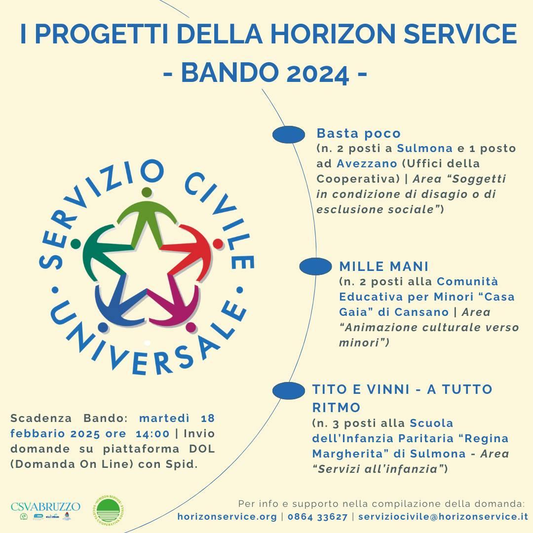 SERVIZIO CIVILE IN HORIZON SERVICE: 8 POSTI TRA SULMONA E AVEZZANO, DOMANDE ENTRO IL 18 FEBBRAIO