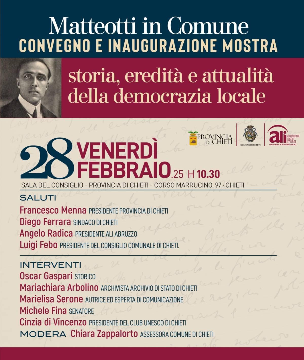 CHIETI: CENTENARIO ASSASSINIO DI GIACOMO MATTEOTTI, MOSTRA E CONVEGNO DELL’ALI