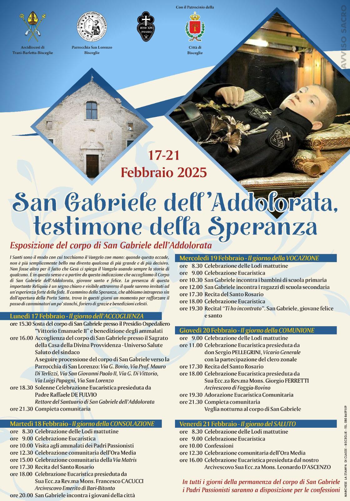 TERAMO: L’URNA CON LE SPOGLIE DI SAN GABRIELE IN PELLEGRINAGGIO A BISCEGLIE