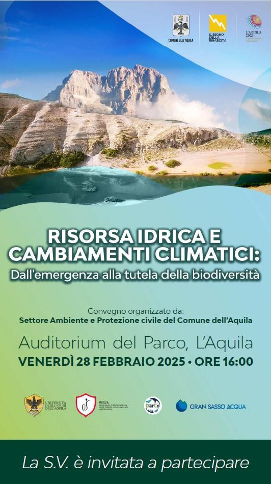 “RISORSA IDRICA E CAMBIAMENTI CLIMATICI”: CONVEGNO ALL’AQUILA IL 28 FEBBRAIO